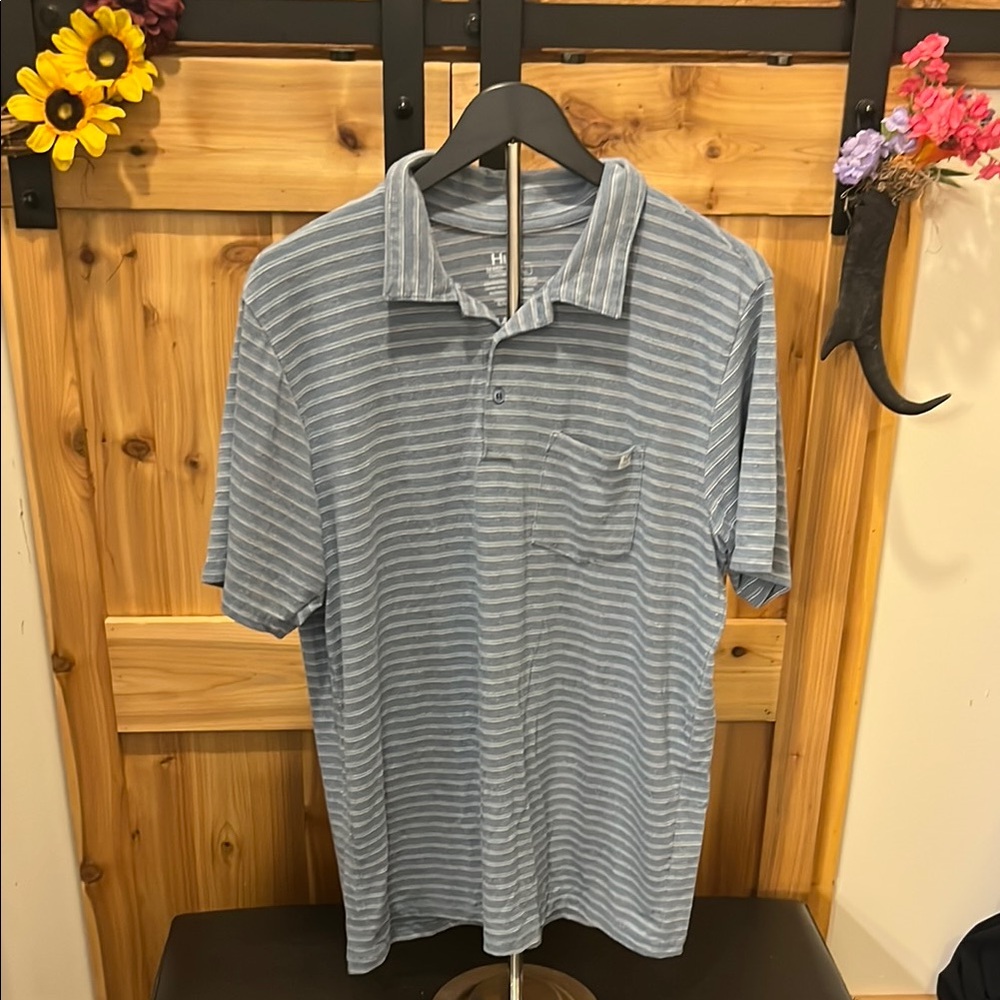 Huk Blue, Gray, and White Striped Polo Shirt